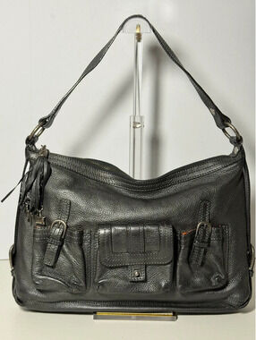 Elliott Lucca Vintage Pebbled Leather Cargo Shoulder Bag Multi Pocket Tassel